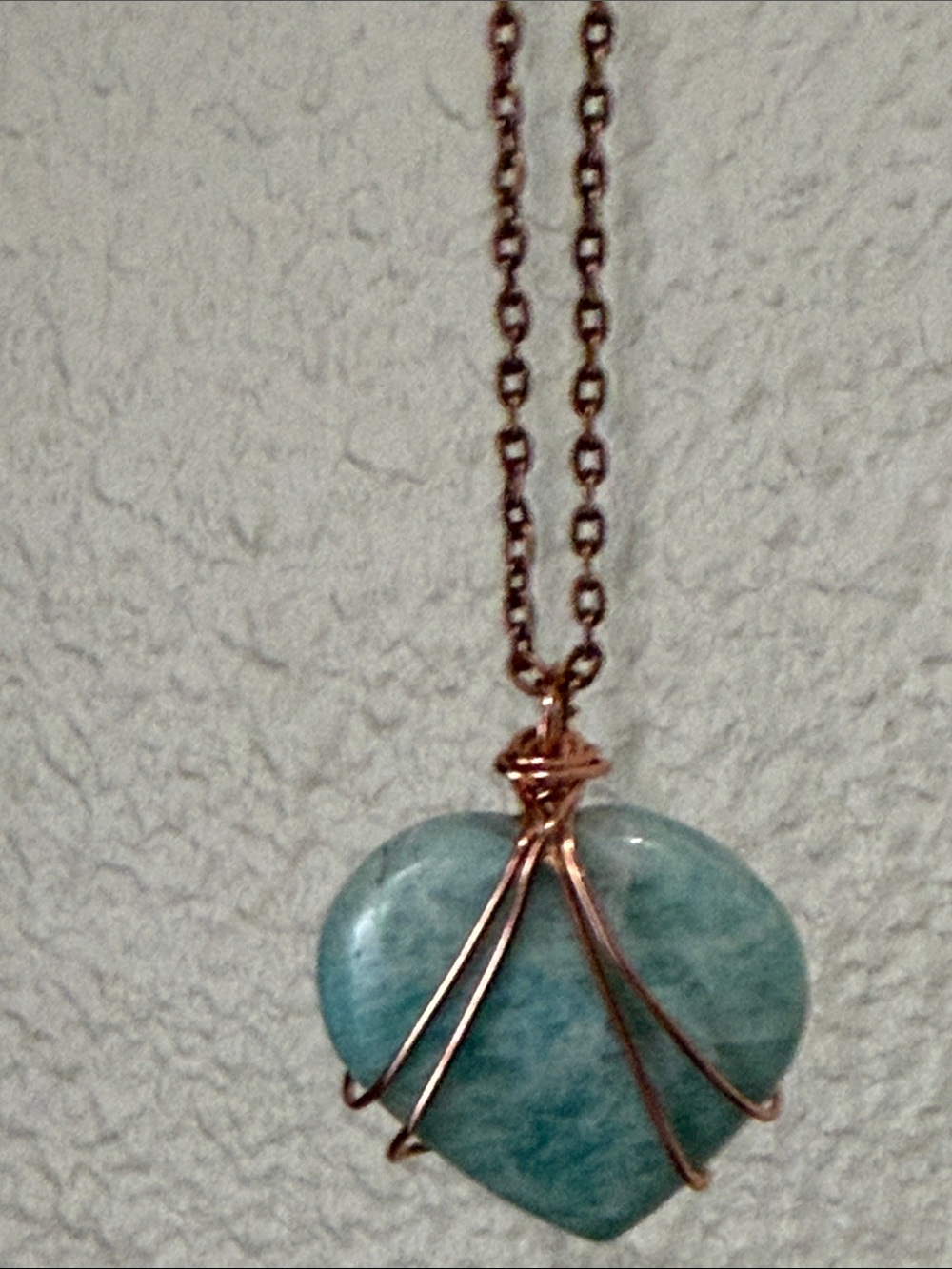 Artisan Amazonite Heart Stone Copper Wire Wrapped Pendant Necklace